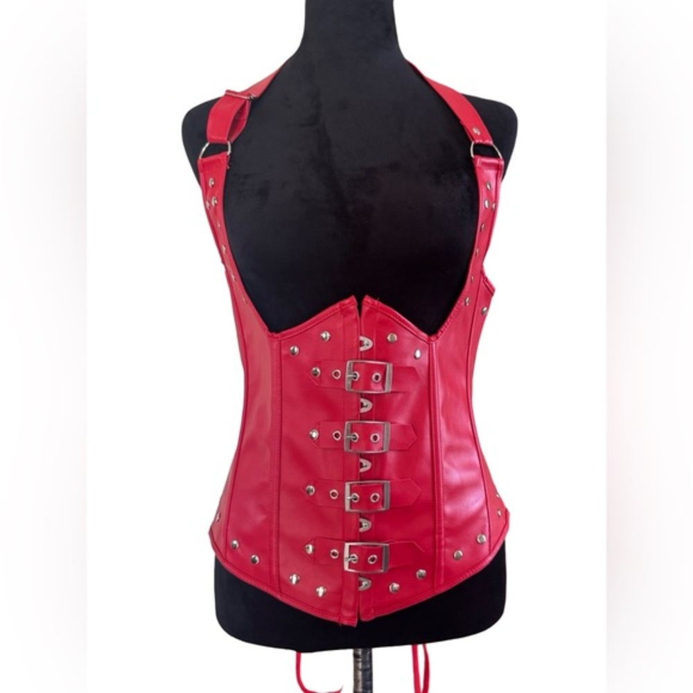 NWOT Lady Faux Leather Bustier Corset Boned Lace Up Halter Underbust Gothic Stea
